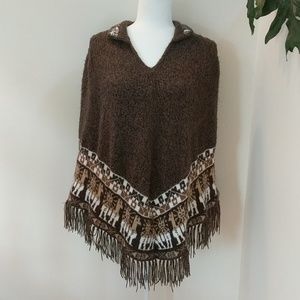 Native Andes Alpaca Wool Boho Brown Fringed Poncho